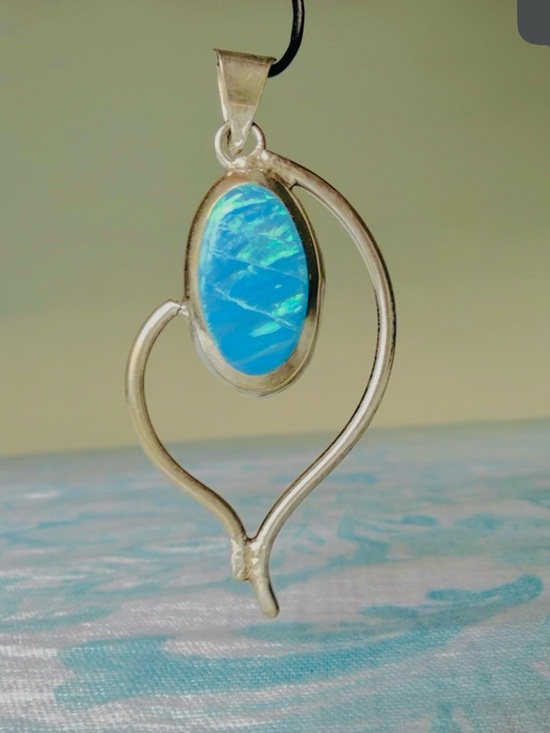 Jewelry - 925 Solid Sterling Silver Blue Opal Heart Pendant Necklace!!